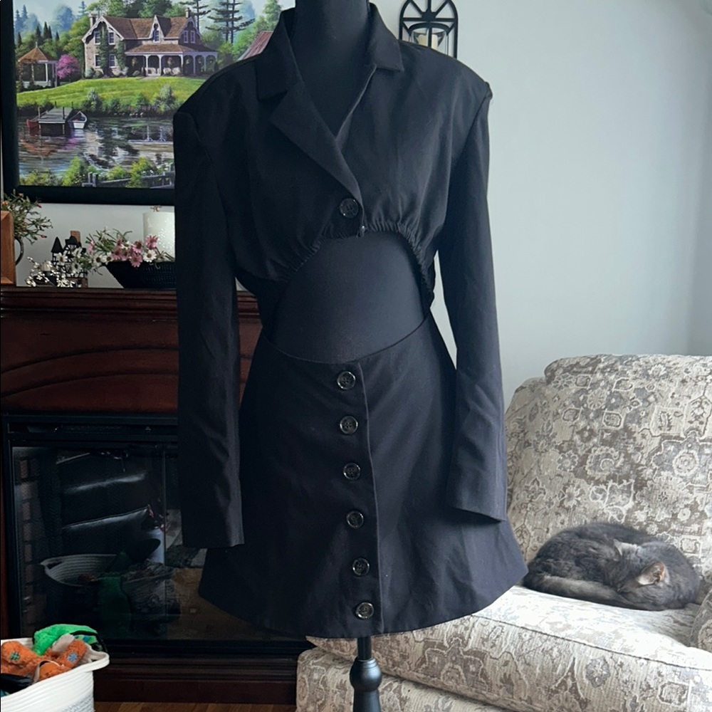 DANIELLE BERNSTEIN Black Button-Front Long Sleeve Dress